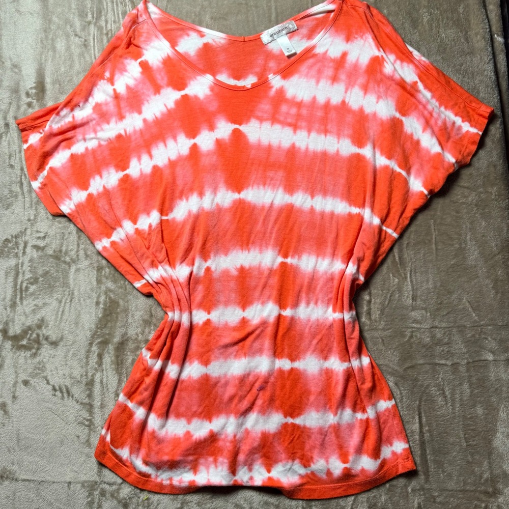 Dressbarn Womens Orange White Tie Dye Dolman Sleeve V-Neck Top Size Medium